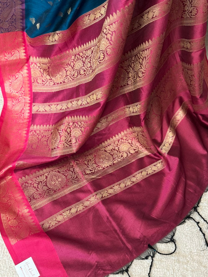 Blue Magenta Muga Silk Saree w/ readymade velvet blouse