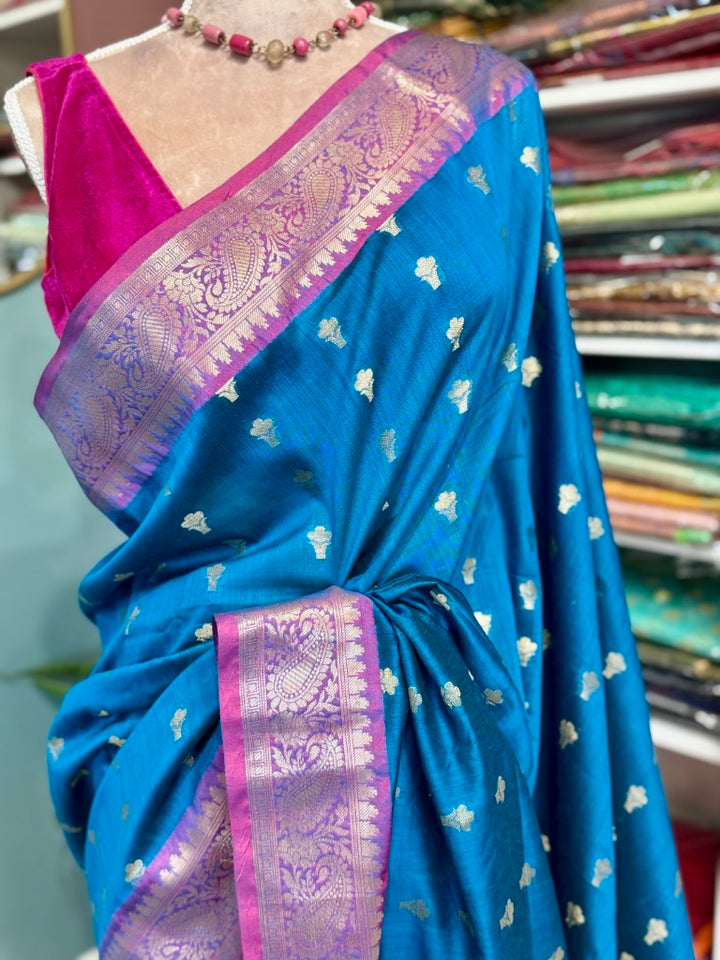 Blue Magenta Muga Silk Saree w/ readymade velvet blouse