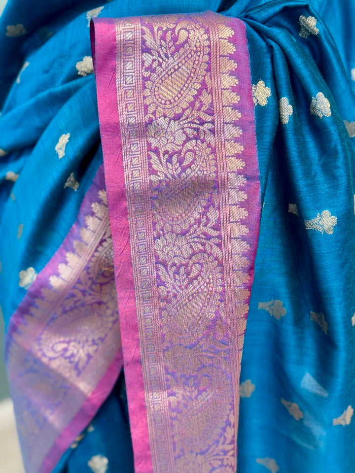 Blue Magenta Muga Silk Saree w/ readymade velvet blouse