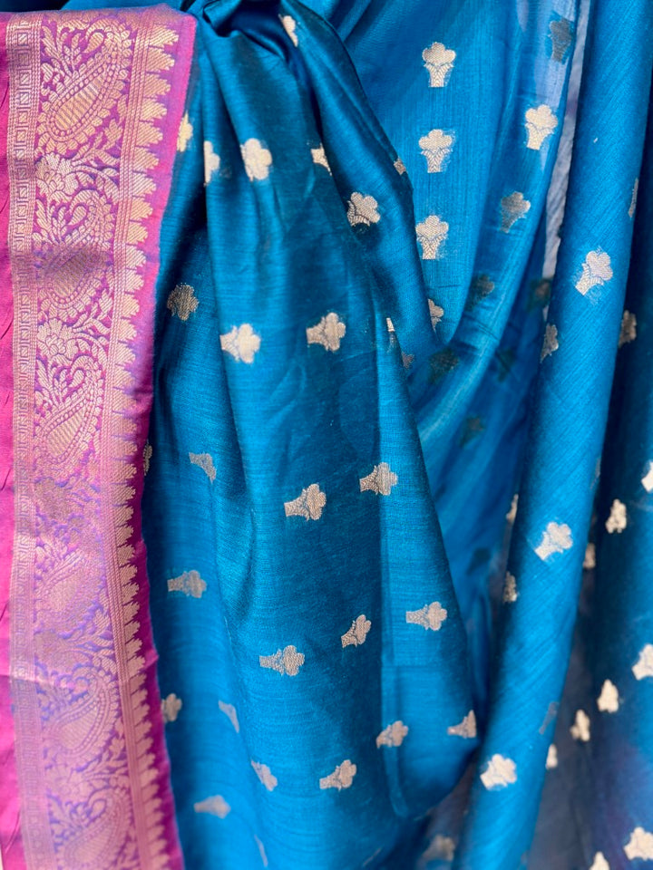 Blue Magenta Muga Silk Saree w/ readymade velvet blouse