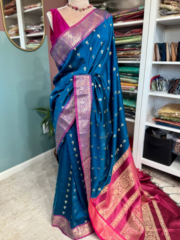 Blue Magenta Muga Silk Saree w/ readymade velvet blouse