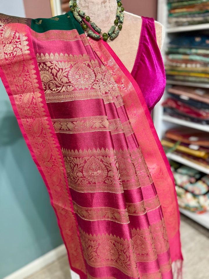 Deep Green Magenta Muga Silk Saree w/ readymade velvet blouse