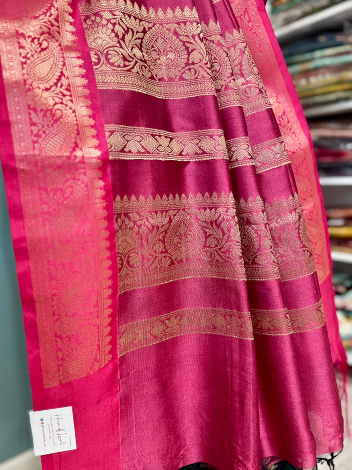 Deep Green Magenta Muga Silk Saree w/ readymade velvet blouse