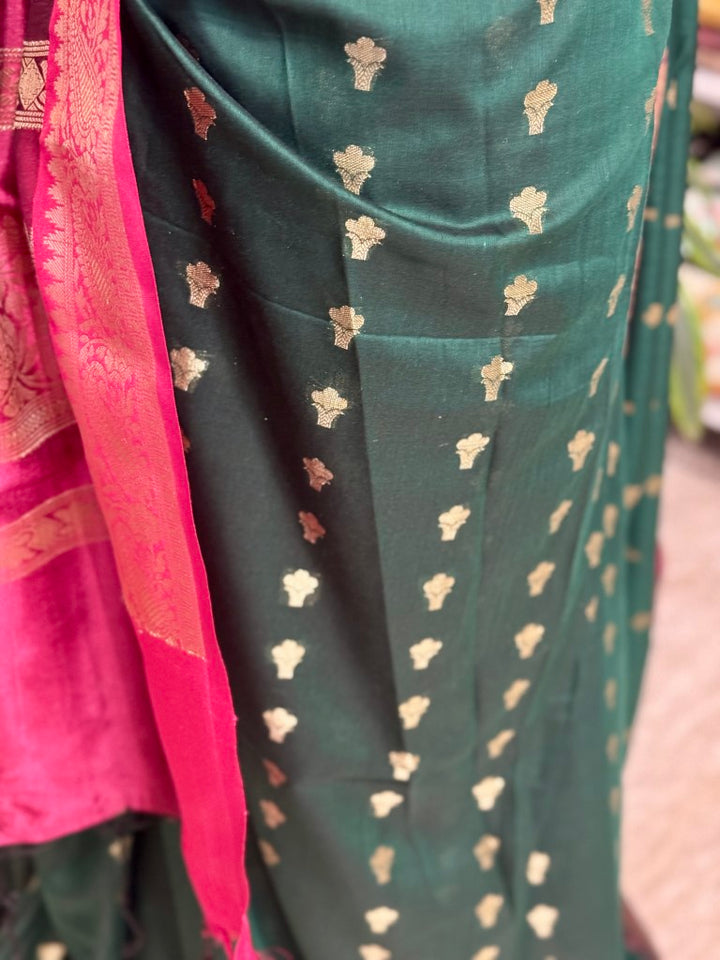 Deep Green Magenta Muga Silk Saree w/ readymade velvet blouse