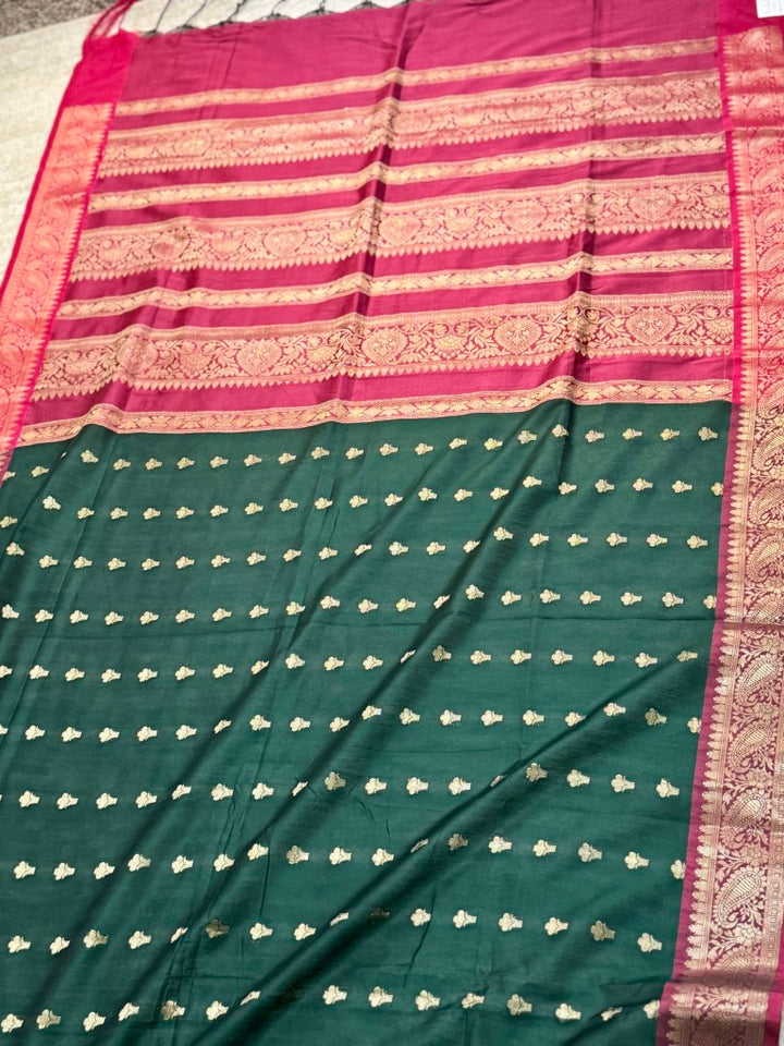 Deep Green Magenta Muga Silk Saree w/ readymade velvet blouse