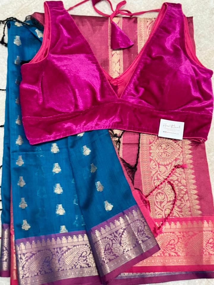 Blue Magenta Muga Silk Saree w/ readymade velvet blouse