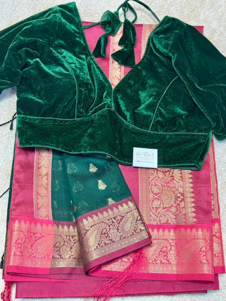 Deep Green Magenta Muga Silk Saree w/ readymade velvet blouse