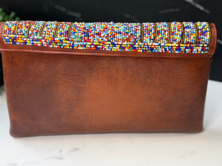Brown & Multicolor Beads Handcrafted African Leather Sling Bag