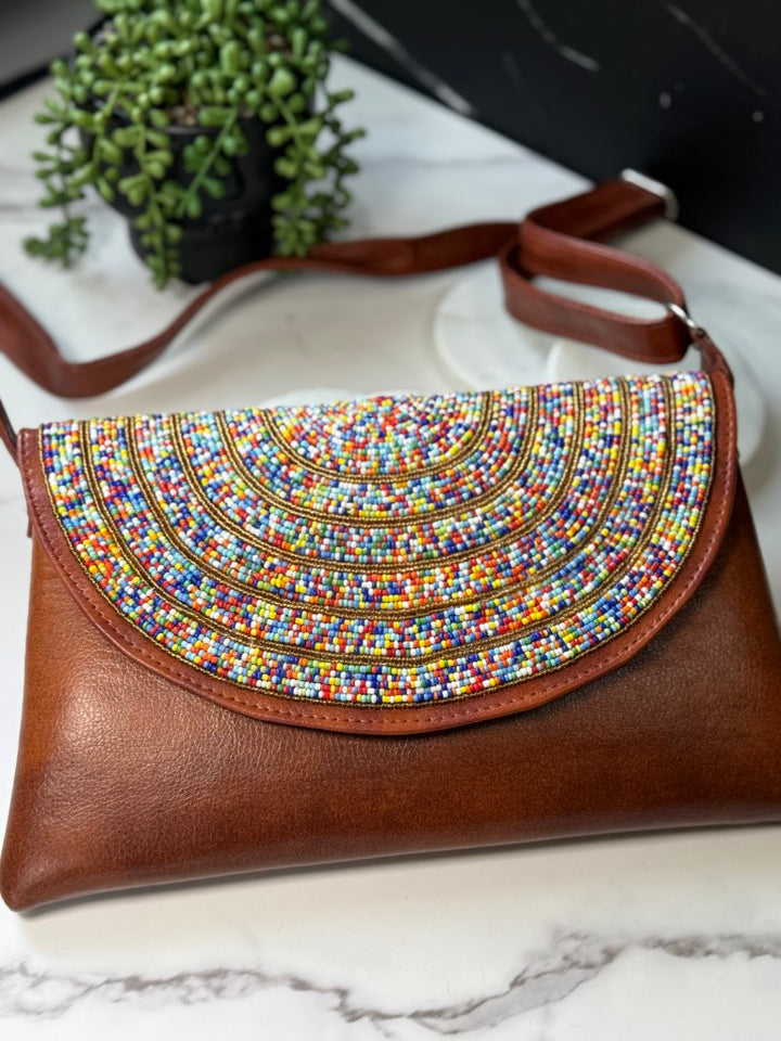 Brown & Multicolor Beads Handcrafted African Leather Sling Bag