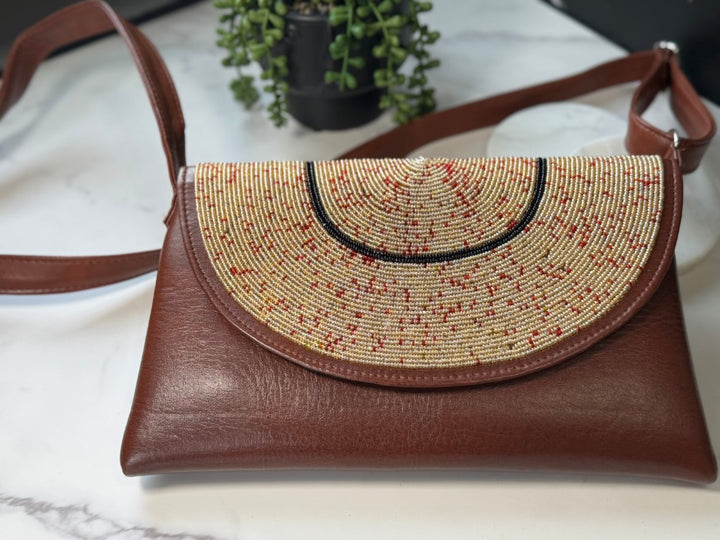 Gold, Red & Black Beads Handcrafted African Leather Sling Bag