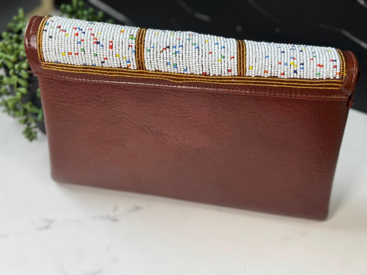 White Beads Handcrafted African Leather Sling Bag
