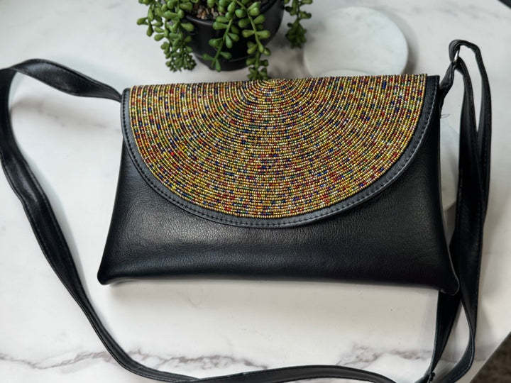 Gold Multicolor Beads Handcrafted African Leather Sling Bag