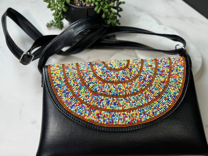 Multicolor Beads Handcrafted African Leather Sling Bag