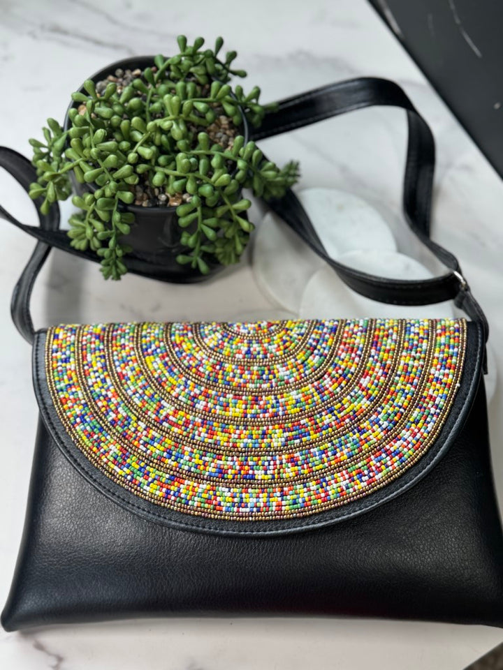 Gold & Multicolor Beads Handcrafted African Leather Sling Bag