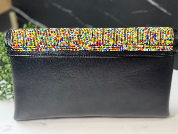 Gold & Multicolor Beads Handcrafted African Leather Sling Bag
