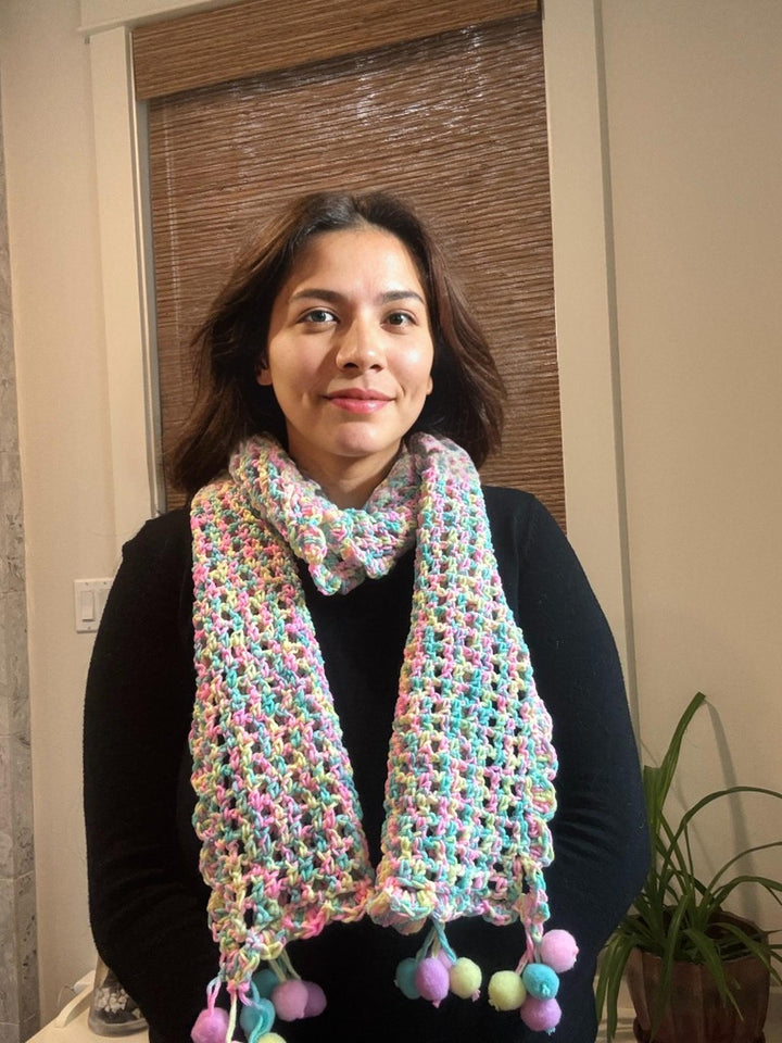 Multicolor w/ Pompoms Handmade Woolen Scarf