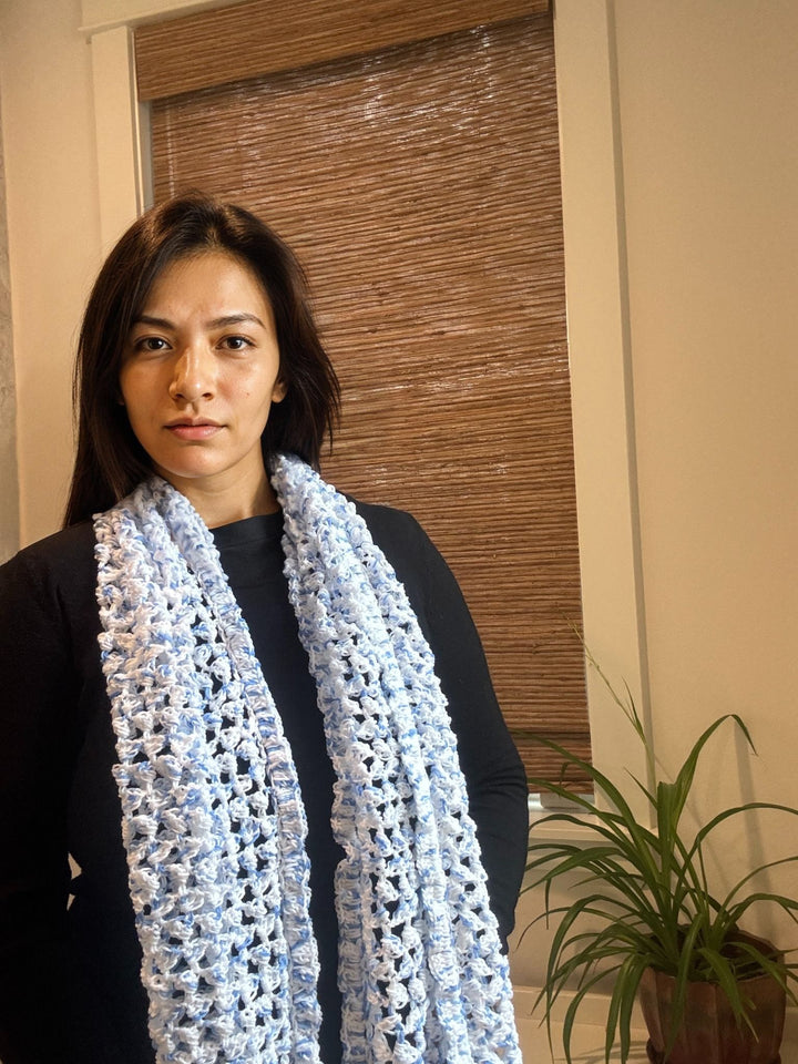 White & Blue Handmade Woolen Scarf