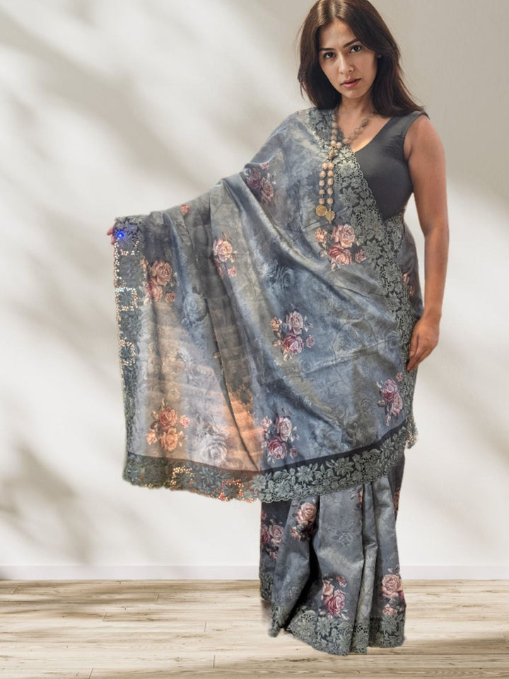 Grey Floral Digital Print Silk Saree w/ Cutwork Embroidered Border