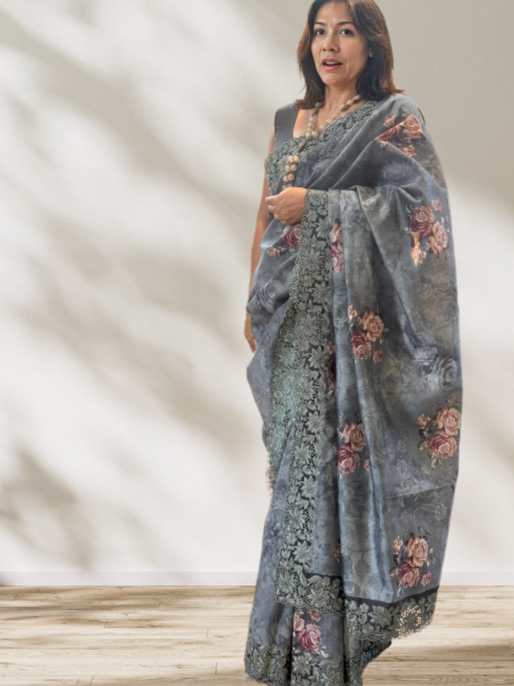 Grey Floral Digital Print Silk Saree w/ Cutwork Embroidered Border