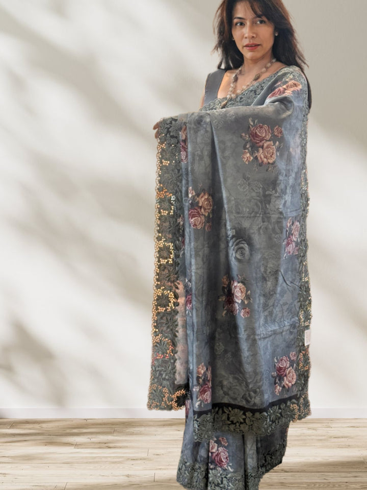 Grey Floral Digital Print Silk Saree w/ Cutwork Embroidered Border