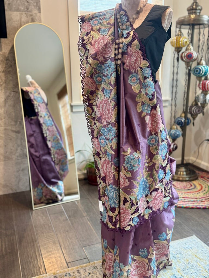 Violet Pure Tussar Silk with Cutwork and Cross Stitch Embroidery