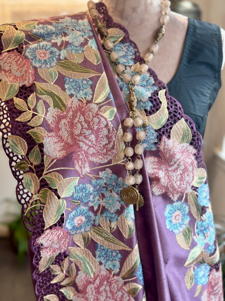 Violet Pure Tussar Silk with Cutwork and Cross Stitch Embroidery