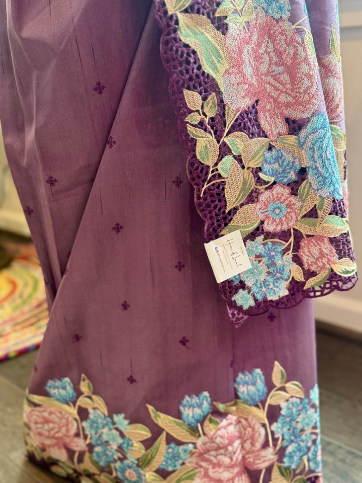 Violet Pure Tussar Silk with Cutwork and Cross Stitch Embroidery