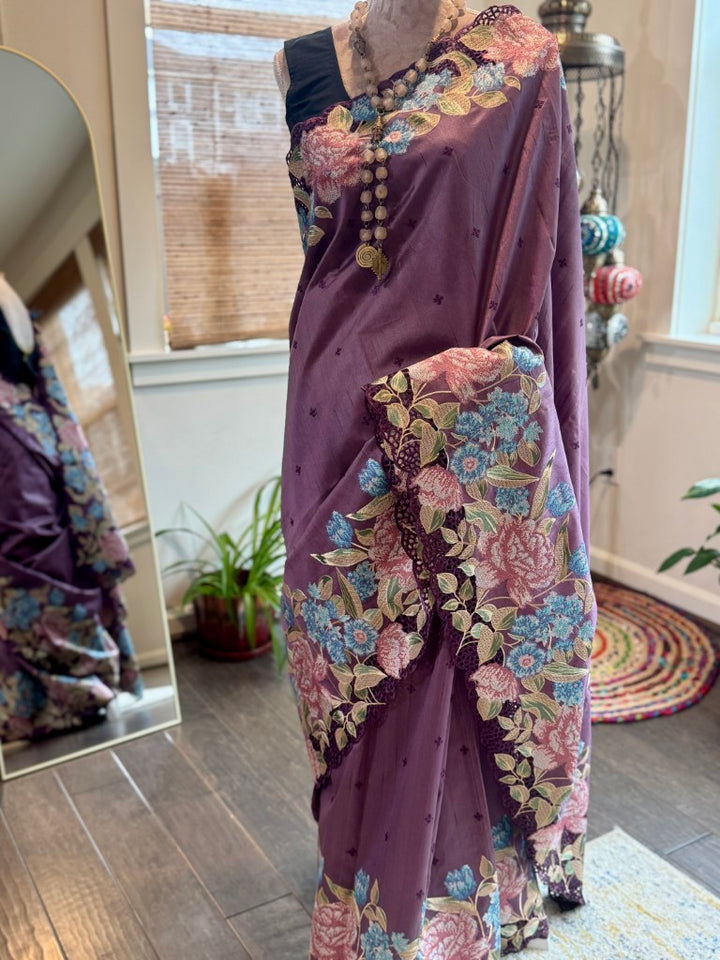 Violet Pure Tussar Silk with Cutwork and Cross Stitch Embroidery