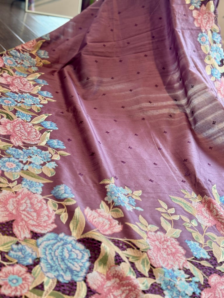 Violet Pure Tussar Silk with Cutwork and Cross Stitch Embroidery