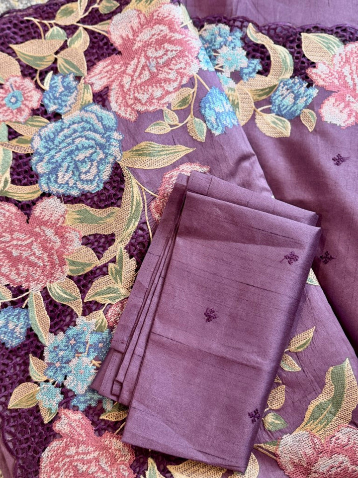 Violet Pure Tussar Silk with Cutwork and Cross Stitch Embroidery