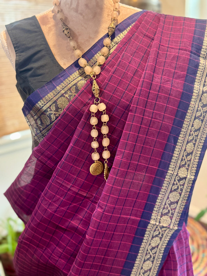 Pink Checks Bangladeshi Cotton Saree (Without BP)