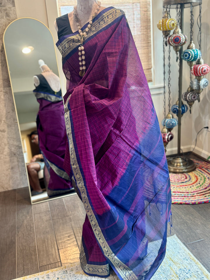 Pink Checks Bangladeshi Cotton Saree (Without BP)