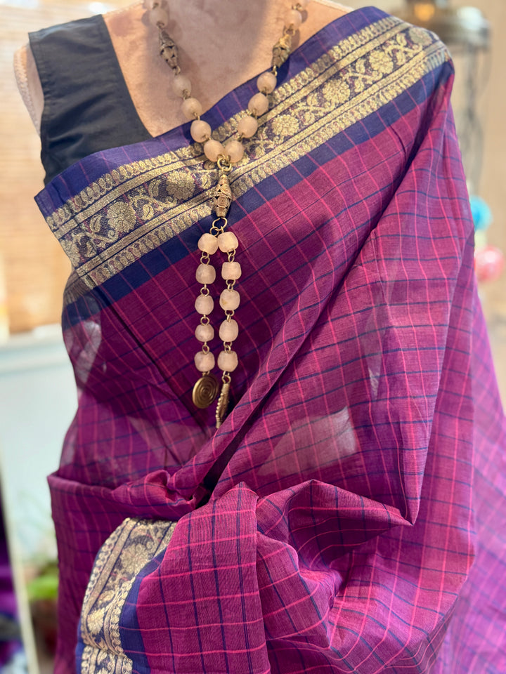 Pink Checks Bangladeshi Cotton Saree (Without BP)