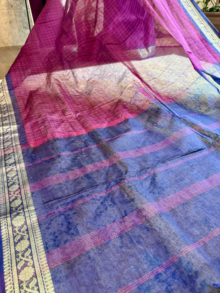 Pink Checks Bangladeshi Cotton Saree (Without BP)