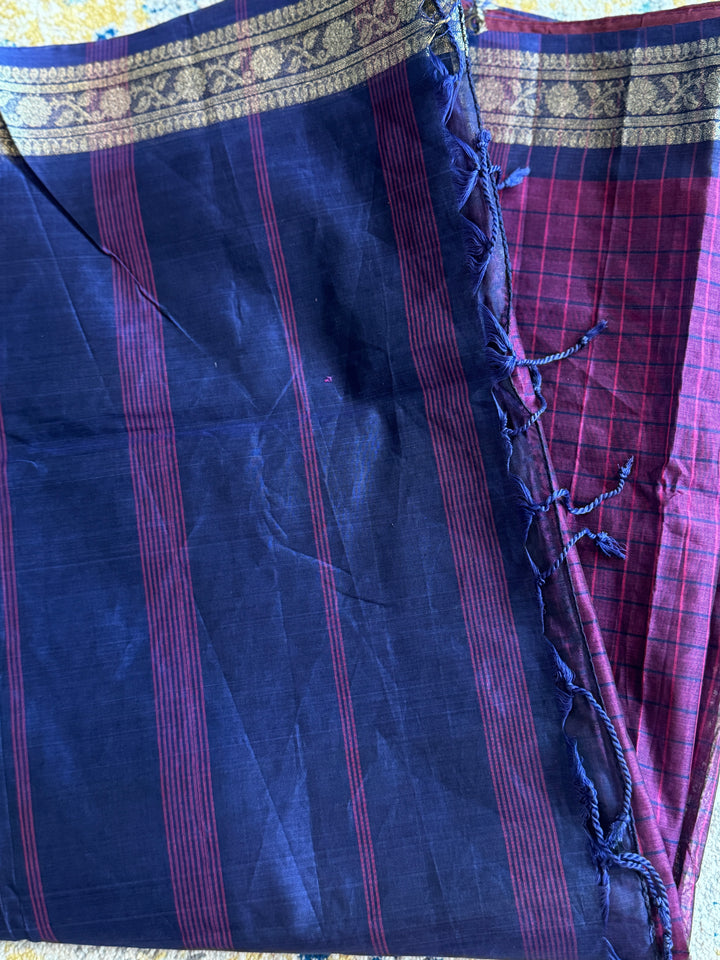 Pink Checks Bangladeshi Cotton Saree (Without BP)