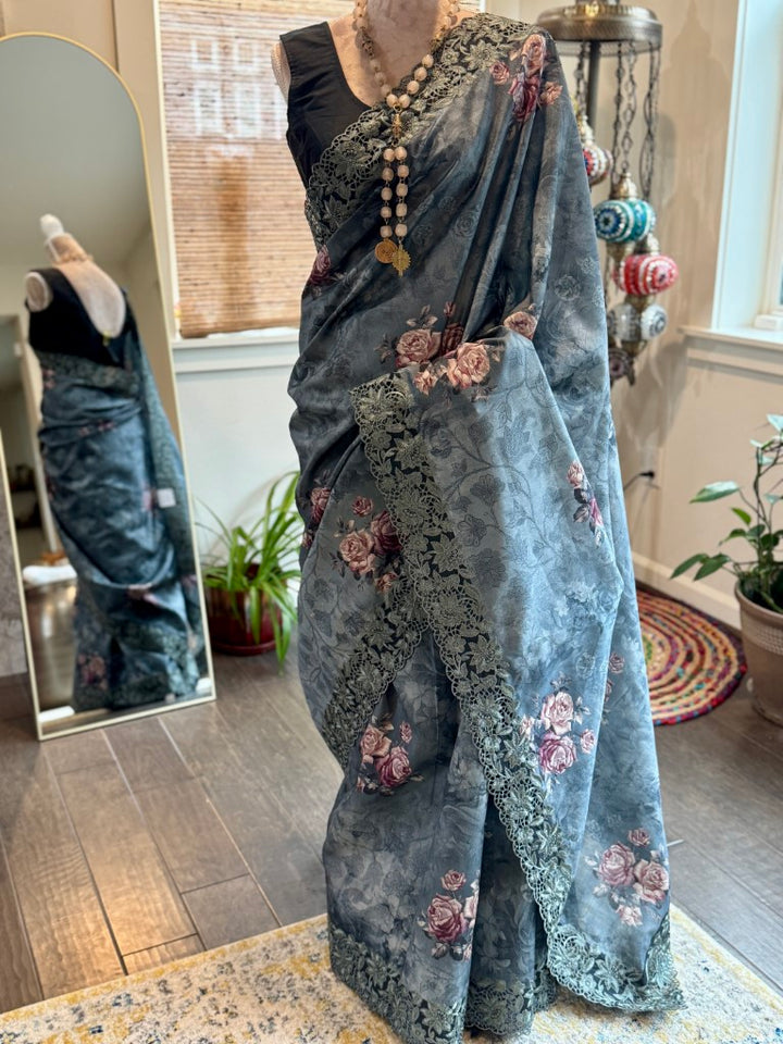 Grey Floral Digital Print Silk Saree w/ Cutwork Embroidered Border