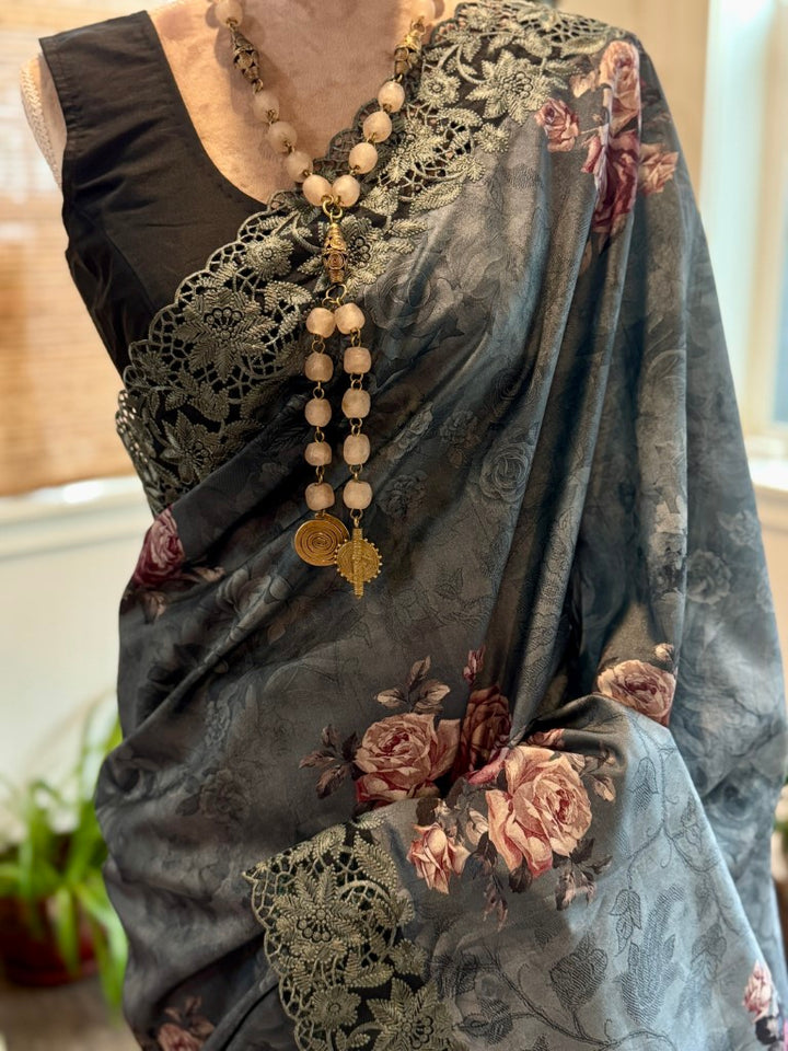 Grey Floral Digital Print Silk Saree w/ Cutwork Embroidered Border