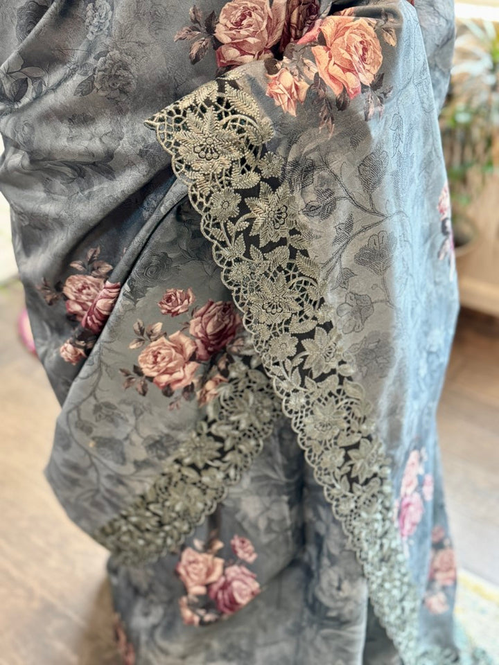 Grey Floral Digital Print Silk Saree w/ Cutwork Embroidered Border
