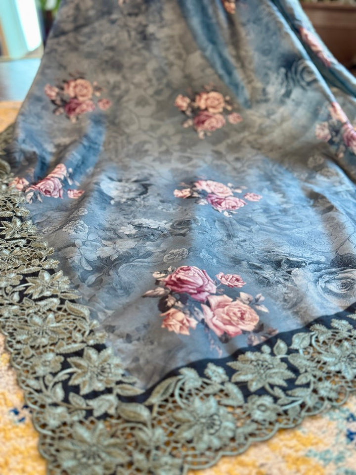 Grey Floral Digital Print Silk Saree w/ Cutwork Embroidered Border