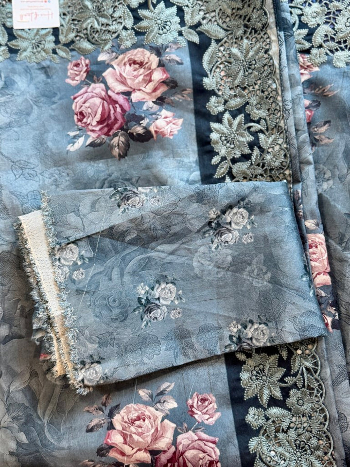 Grey Floral Digital Print Silk Saree w/ Cutwork Embroidered Border