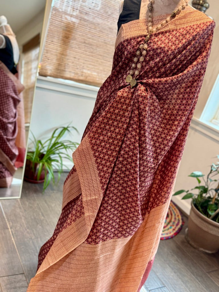 Brick Red Pure Silk Bagru Print Saree