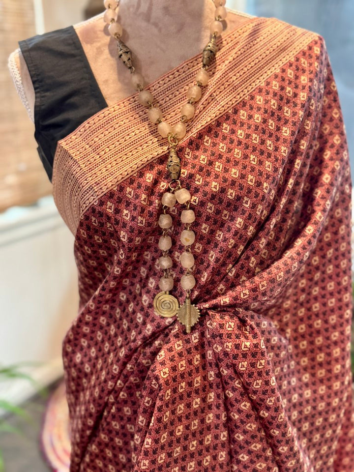 Brick Red Pure Silk Bagru Print Saree