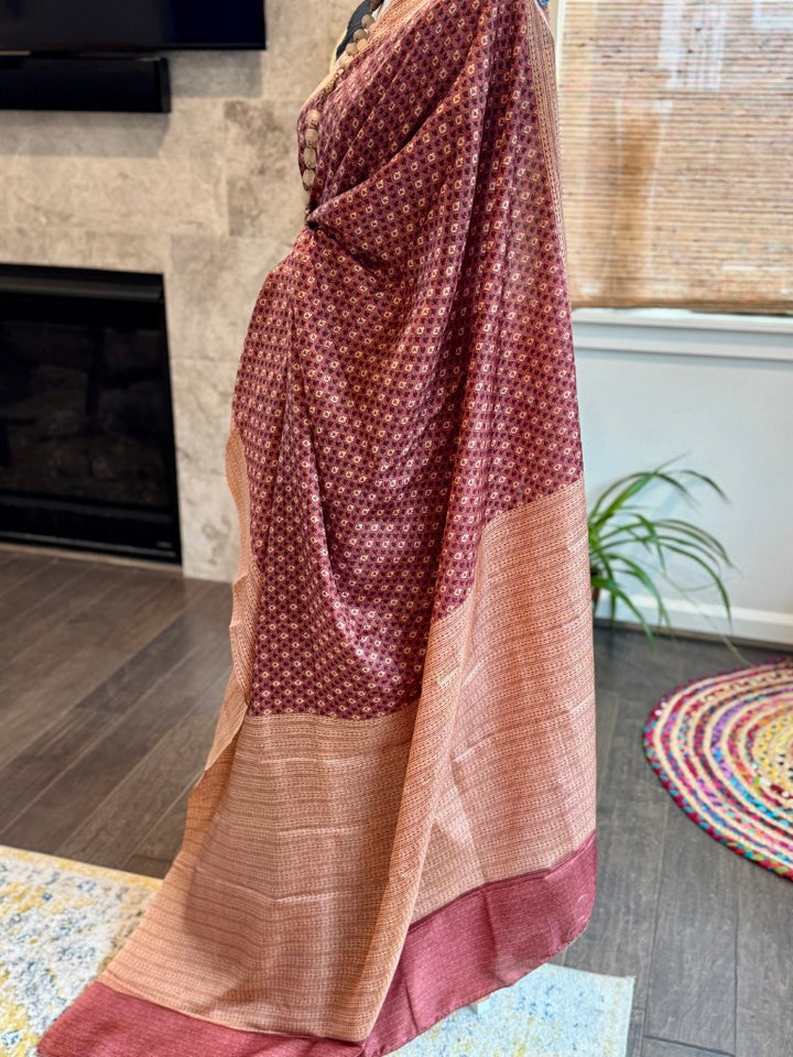 Brick Red Pure Silk Bagru Print Saree