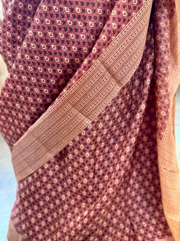 Brick Red Pure Silk Bagru Print Saree