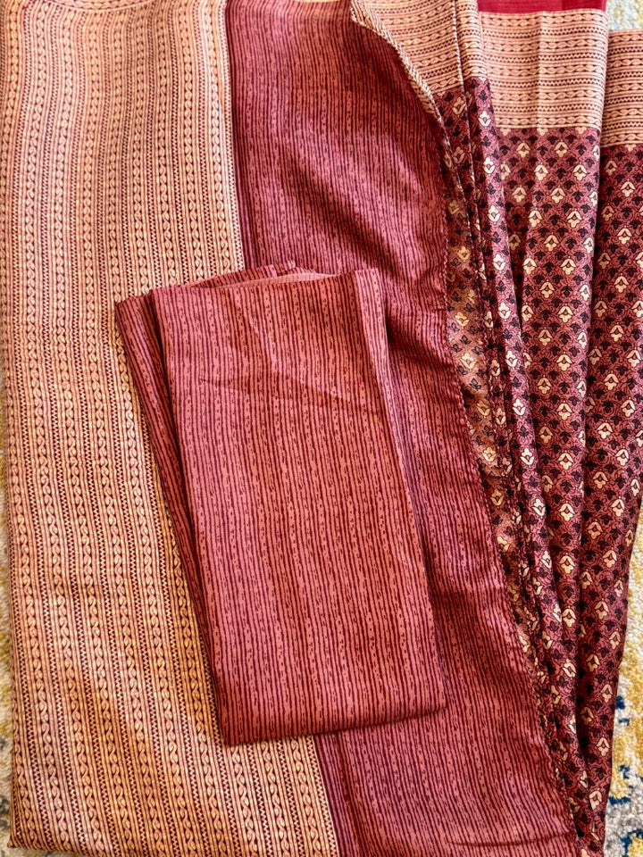 Brick Red Pure Silk Bagru Print Saree