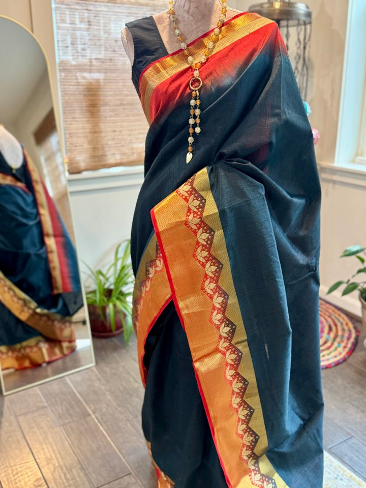 Navy Orange Zari Blended Silk Saree
