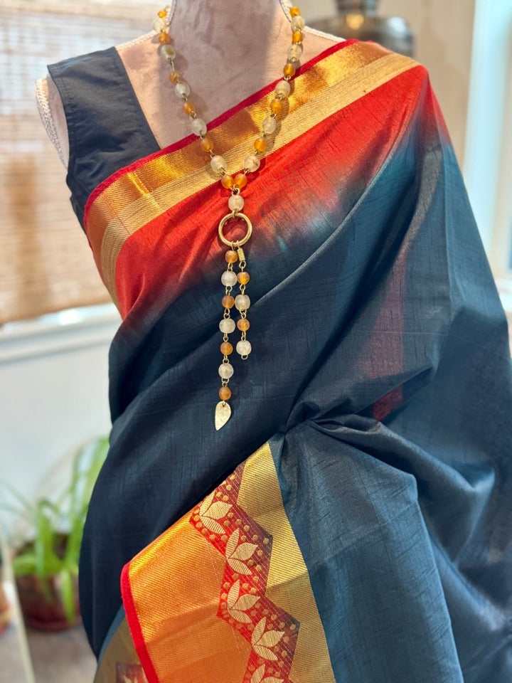 Navy Orange Zari Blended Silk Saree