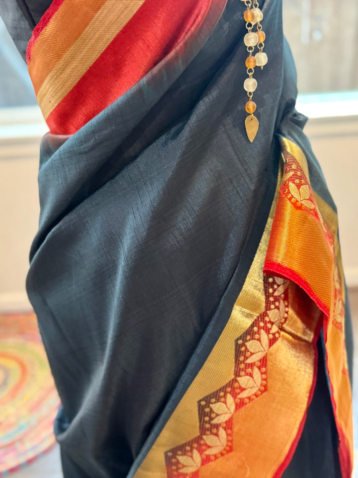 Navy Orange Zari Blended Silk Saree