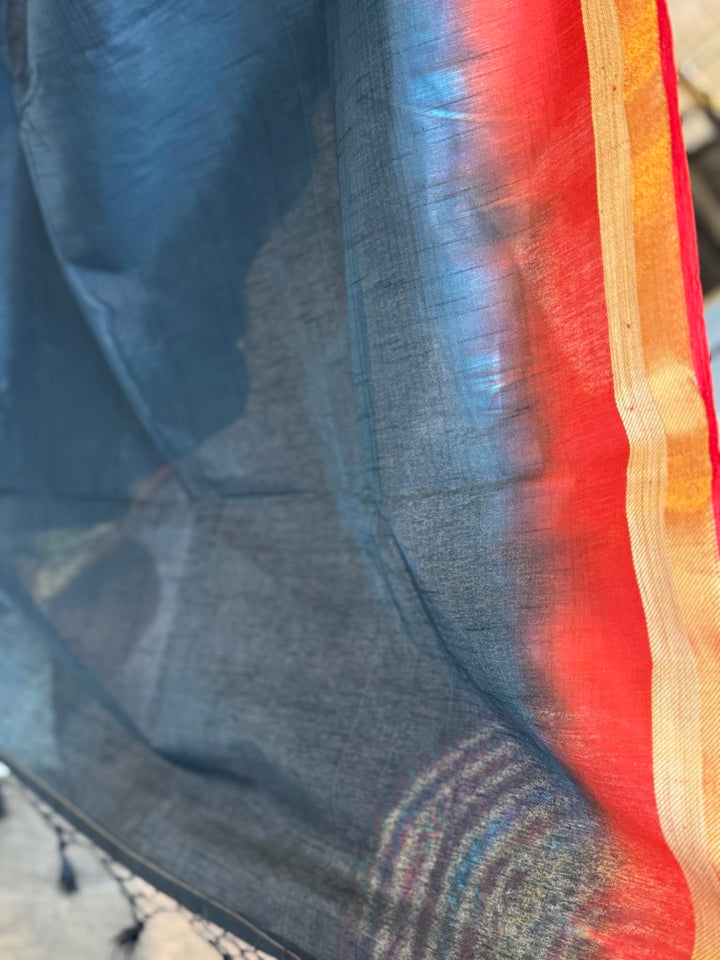 Navy Orange Zari Blended Silk Saree