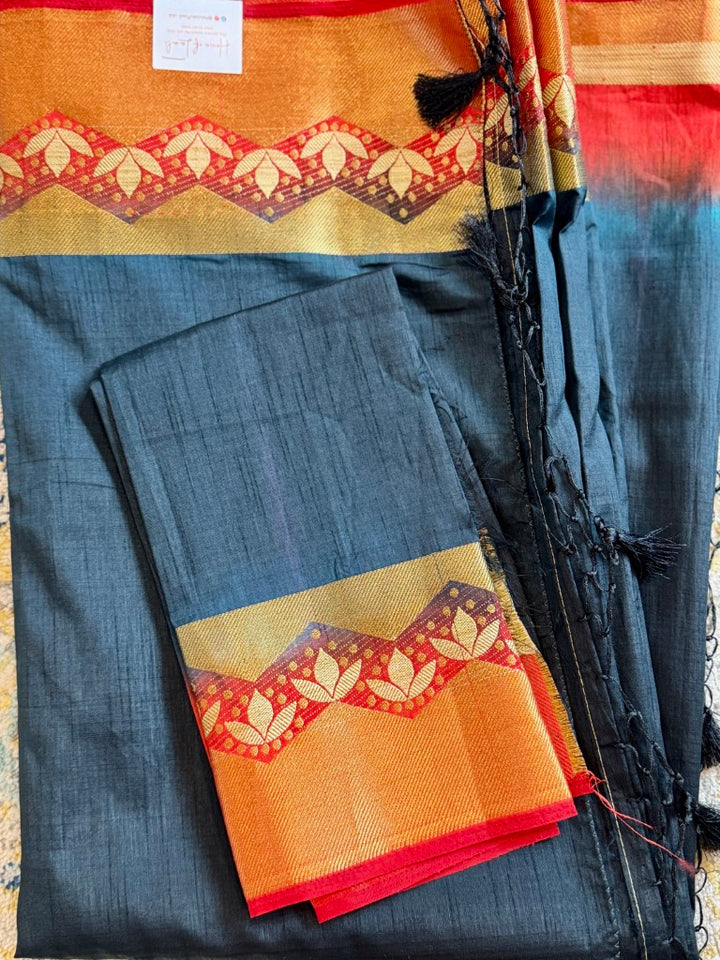 Navy Orange Zari Blended Silk Saree